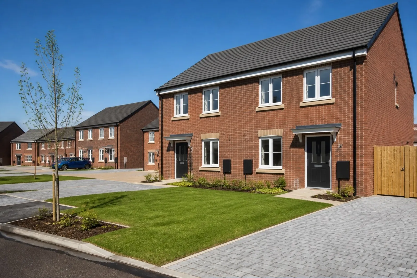 Modern red-brick new-build semis on an estate, the nearest with a fresh front lawn beside a block-paved drive