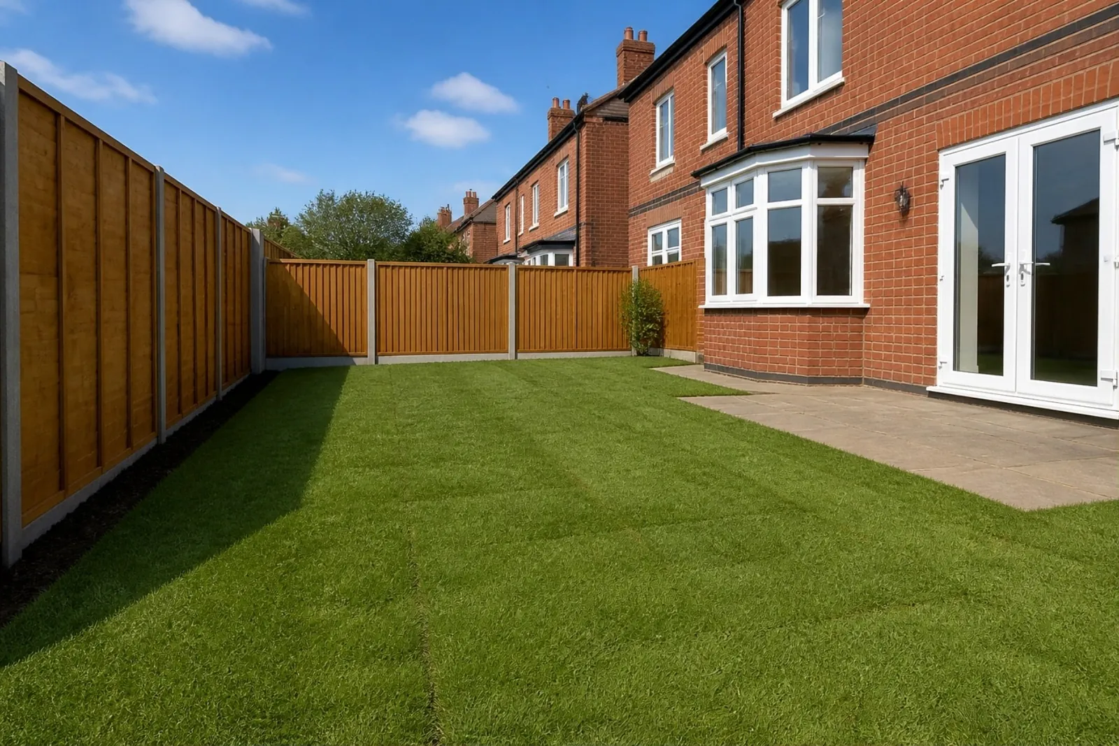 Freshly laid lawn behind a red-brick 1930s semi with a bay window, timber fence and stone patio