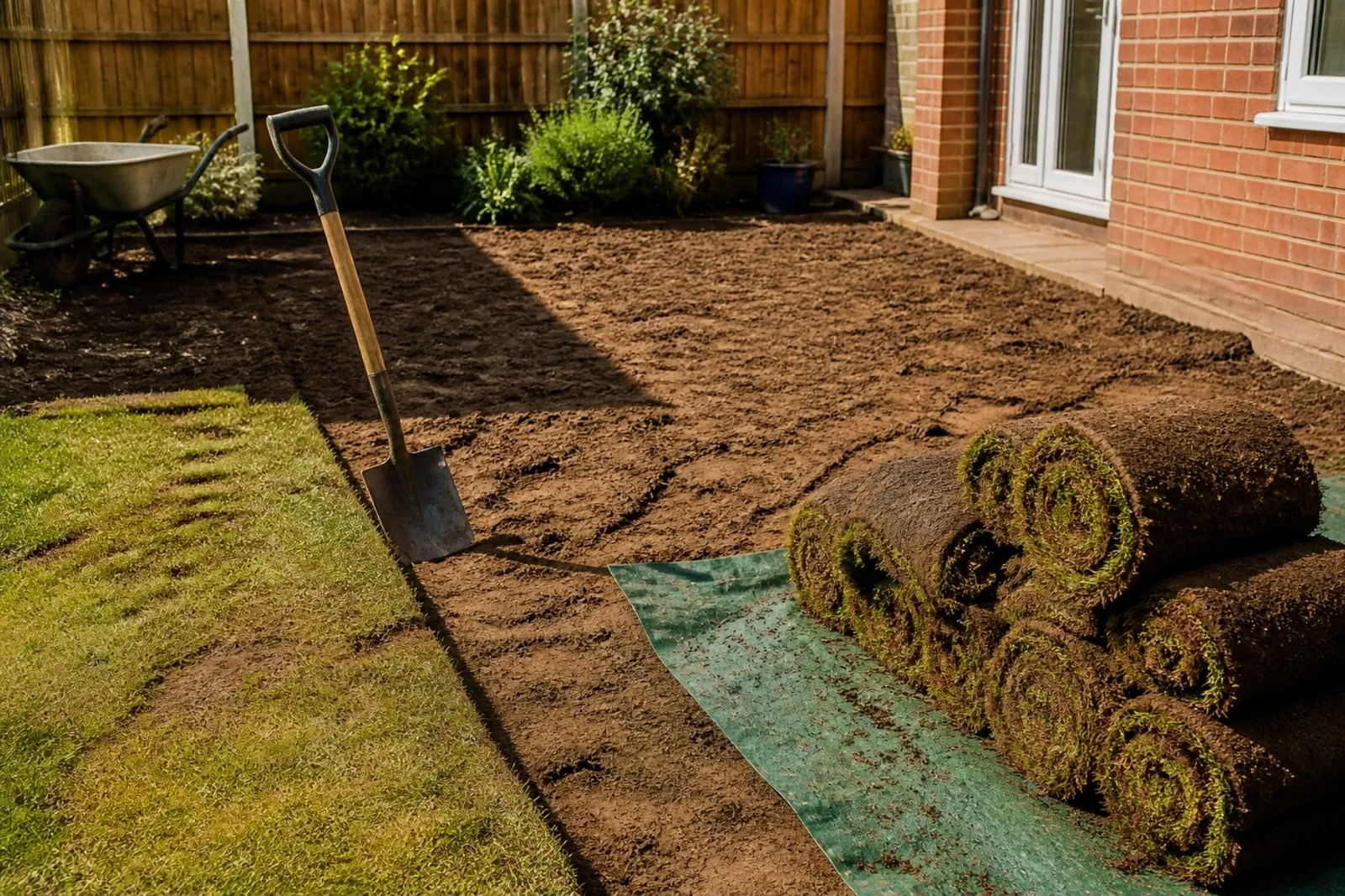 Old lawn lifted and rolled onto a tarpaulin beside a spade and wheelbarrow, bare soil ready for work
