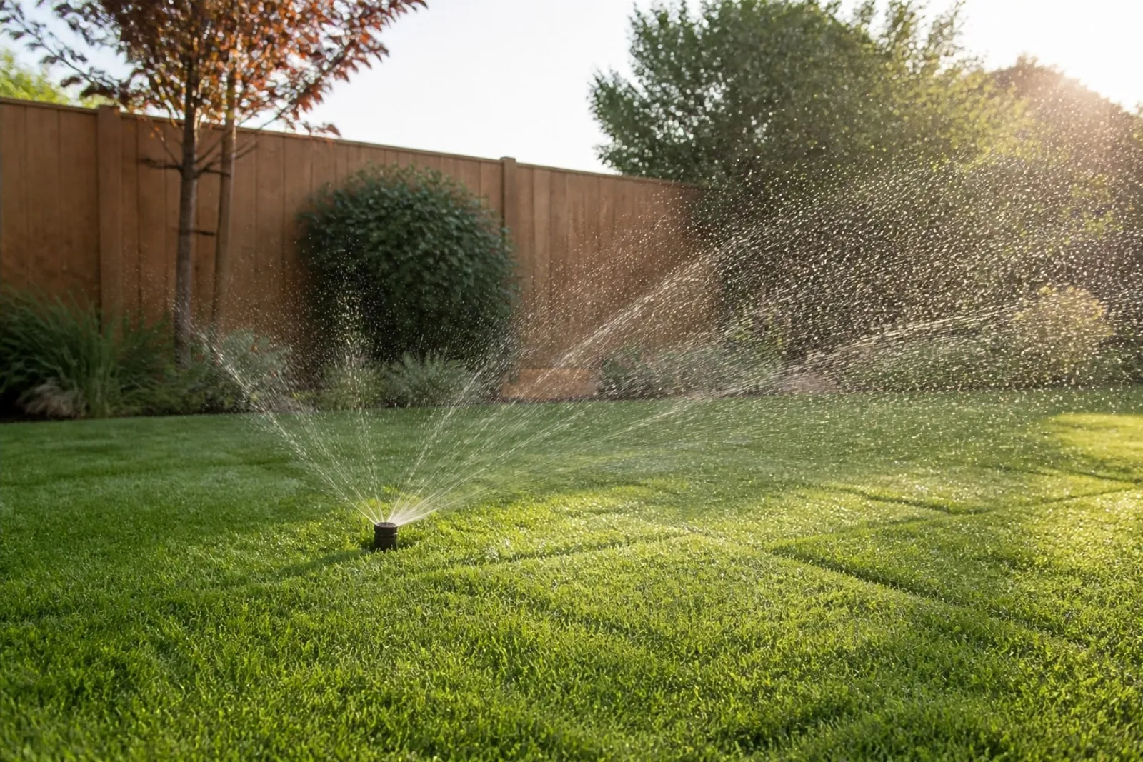 Sprinkler watering a newly laid lawn in late afternoon sun, with a timber fence behind
