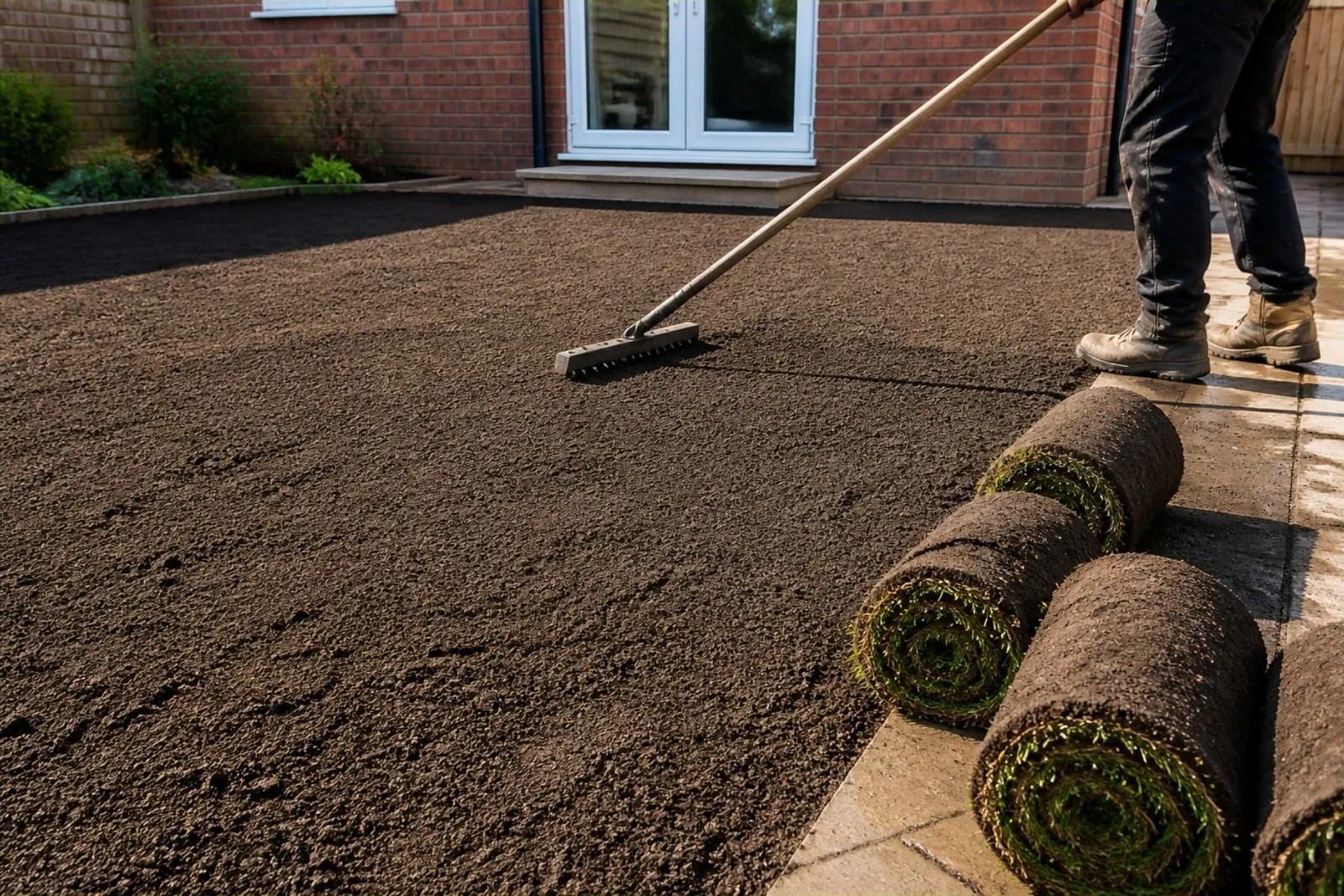 Rake levelling dark topsoil in a cleared back garden, with turf rolls waiting on the paving