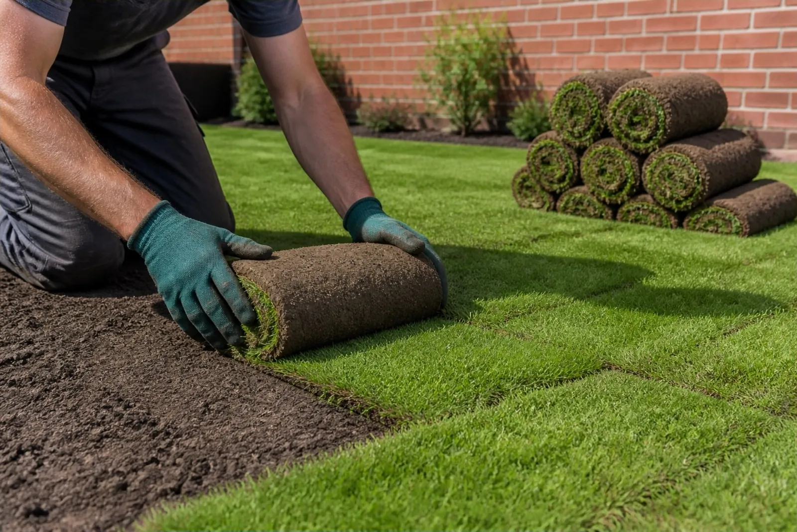 Gloved hands laying a roll of turf on levelled soil, rows staggered, a stack of rolls beside a brick wall